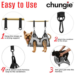 Chungie hanging straps secure the grooming hammock during use