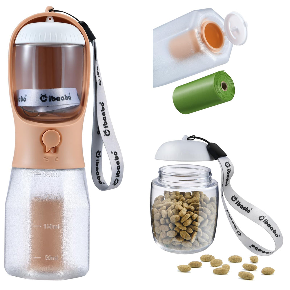 Cibaabo dog water bottle with 12oz food container for on-the-go snacks