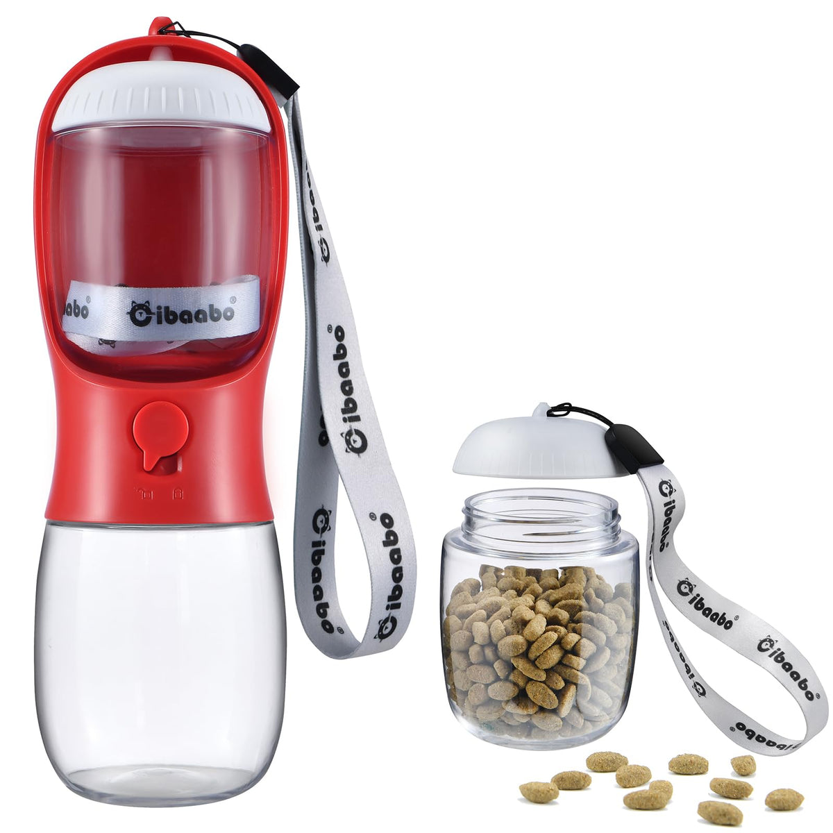 Cibaabo dog water bottle with food container for on-the-go hydration and snacks.
