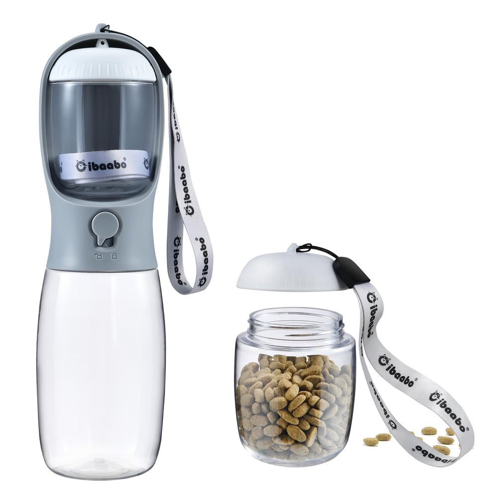 Cibaabo dog water bottle with attached food container for on-the-go meals