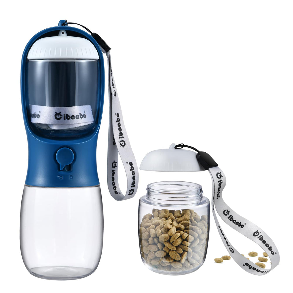 Cibaabo dog water bottle with food container for hydration and snacks on the go.