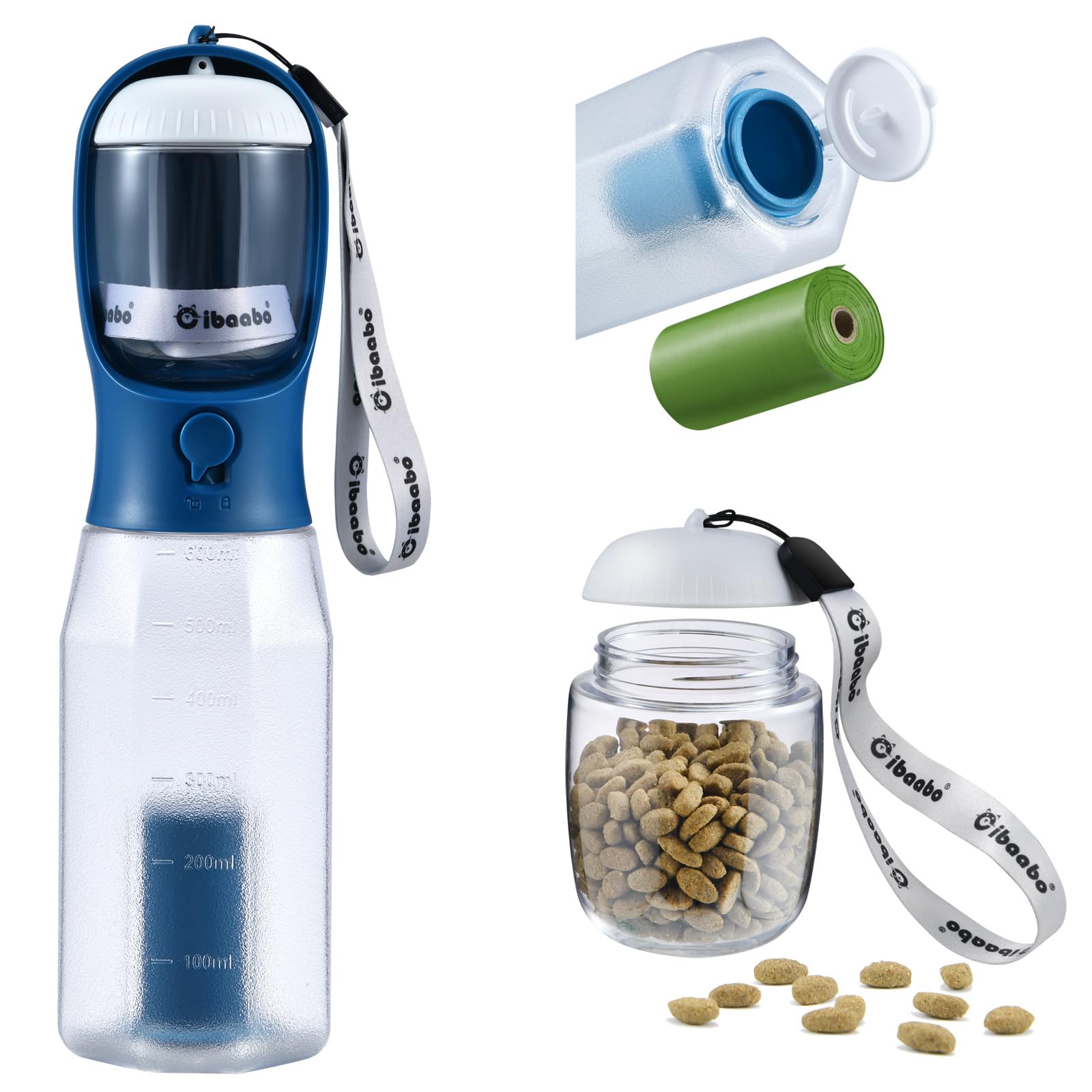 Cibaabo dog water bottle with attached food container for walks and snacks