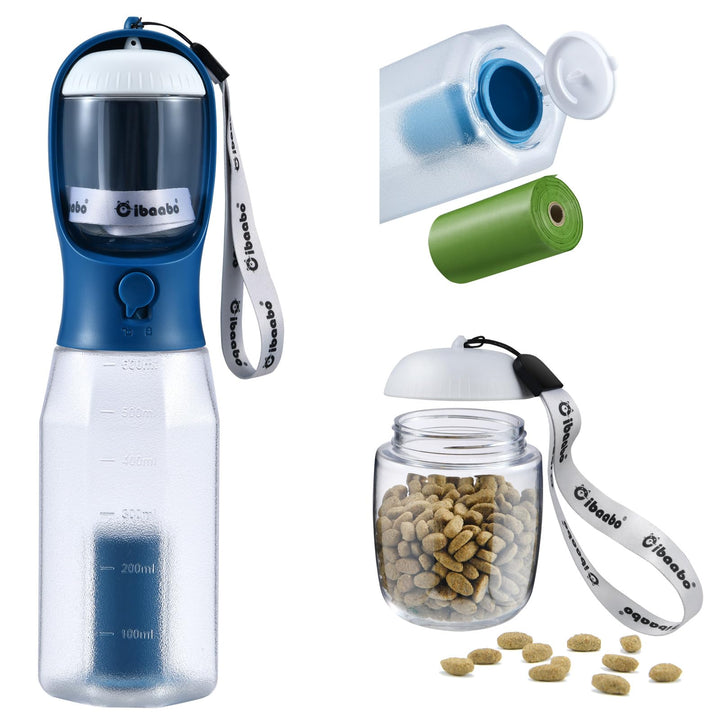Cibaabo dog water bottle with attached food container for walks and snacks
