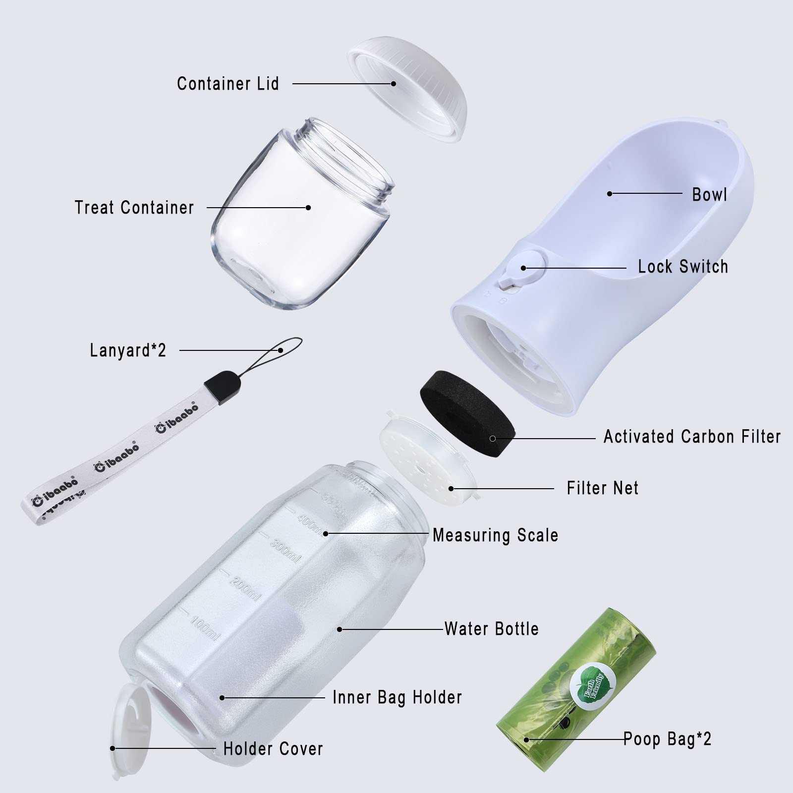 Cibaabo bottle displays built-in poop bag holder for easy cleanup during walks.