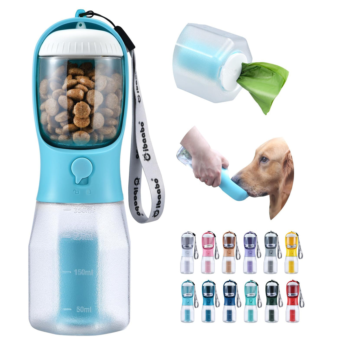 Cibaabo dog water bottle with 12oz food container for on-the-go snacking