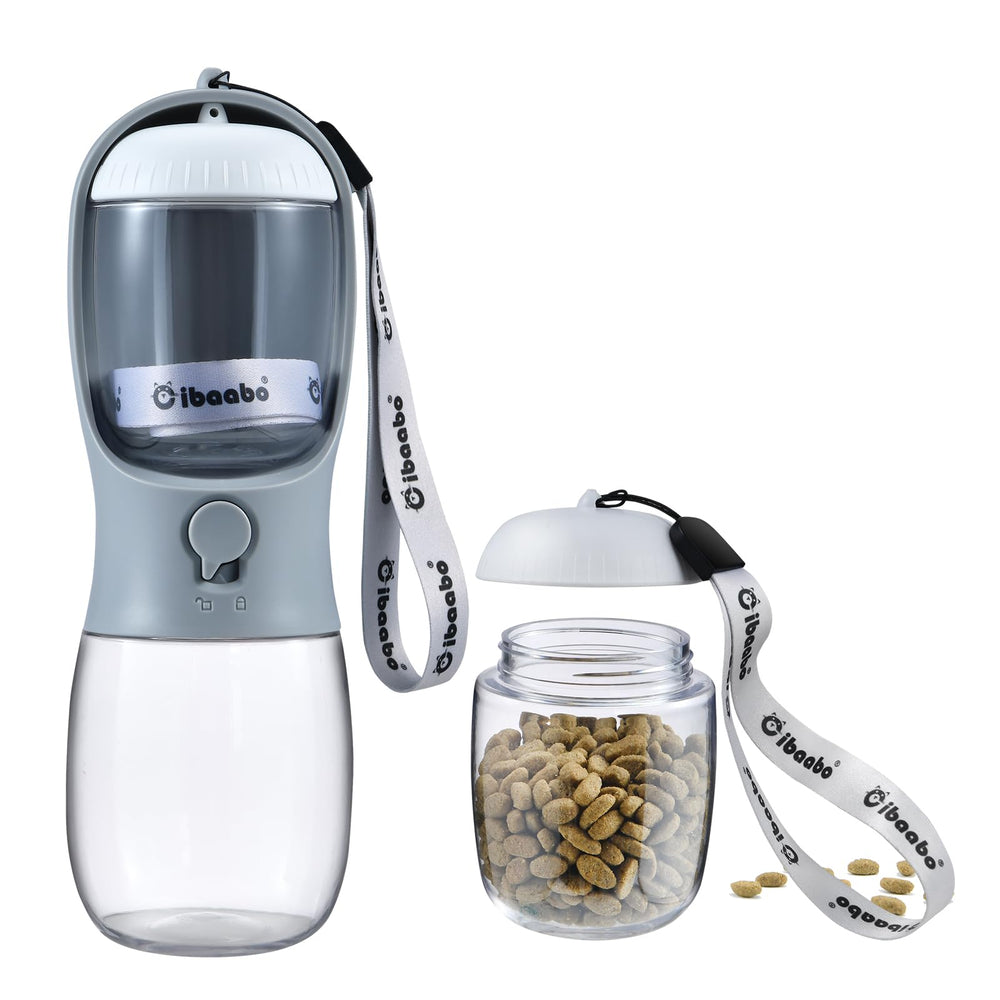 Cibaabo dog water bottle with food container showing integrated meal portion for on-the-go hydration and snacks.