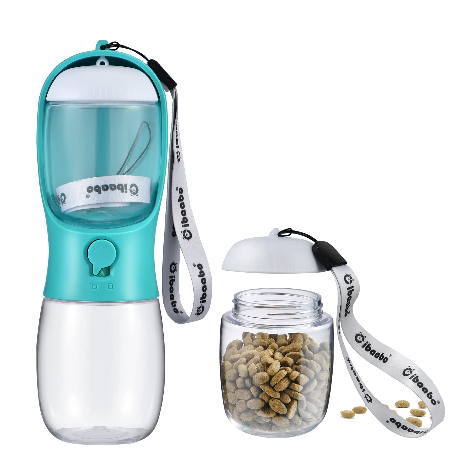 Cibaabo dog water bottle with food container for convenient on-the-go hydration.