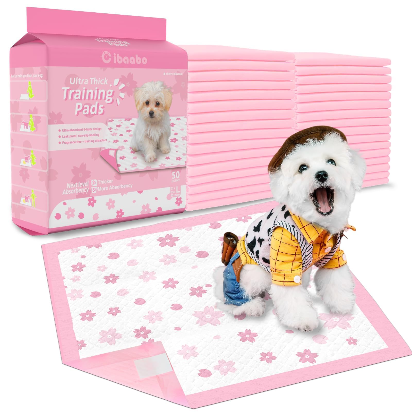 Cibaabo pink puppy pads with cherry blossom design for gentle training and quick cleanup.