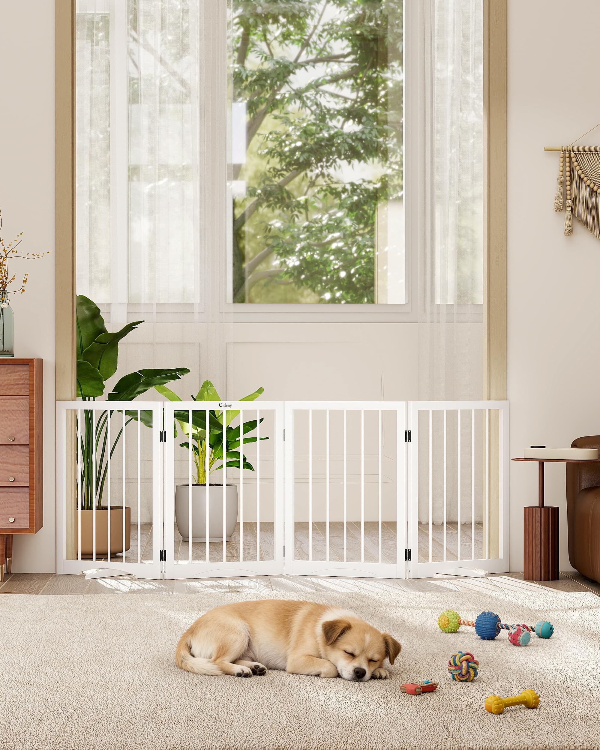 Cideny freestanding dog gate indoors with tool-free setup for clear boundaries
