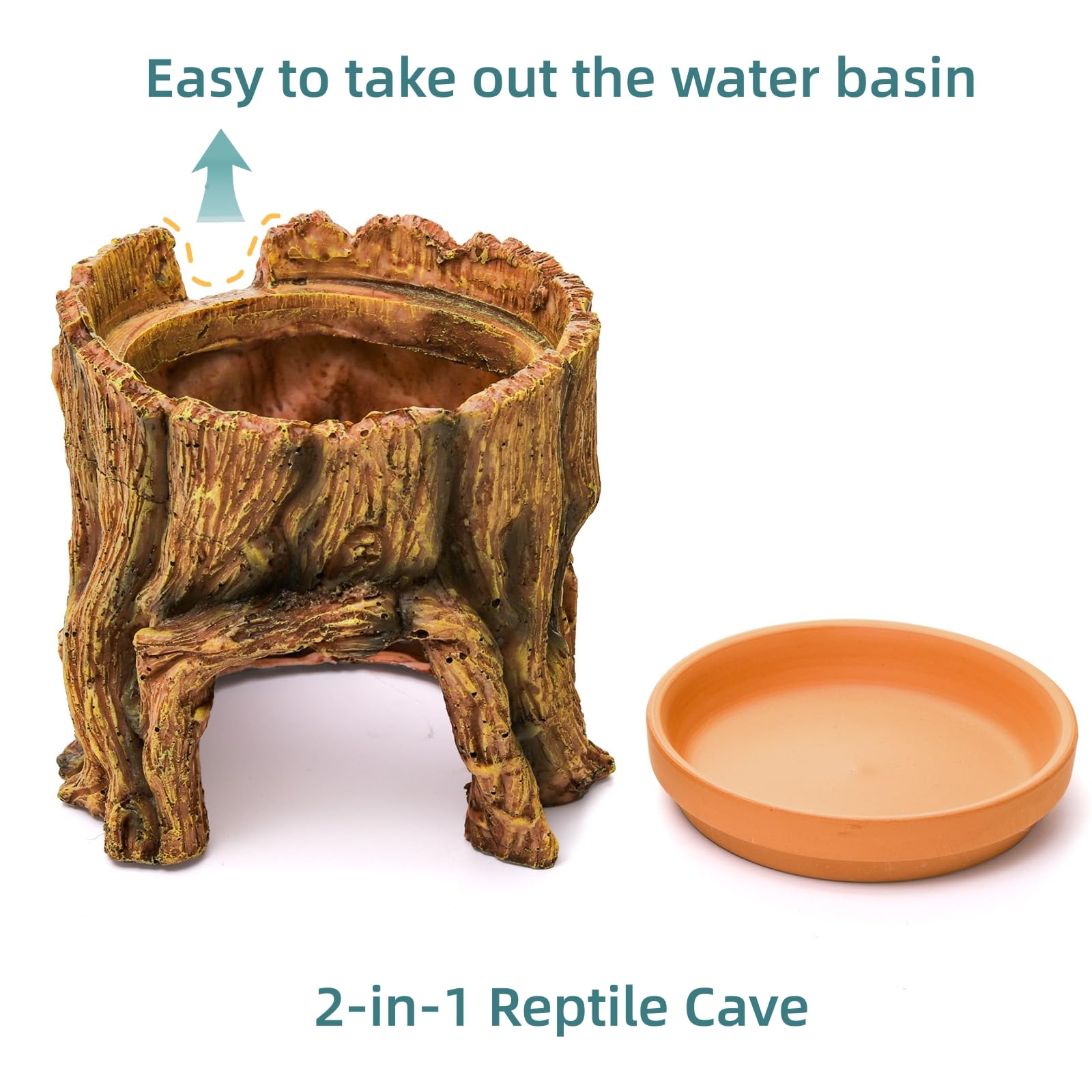 Cididu Reptile Hide Cave ceramic bowl is detachable for easy feeding and cleaning.