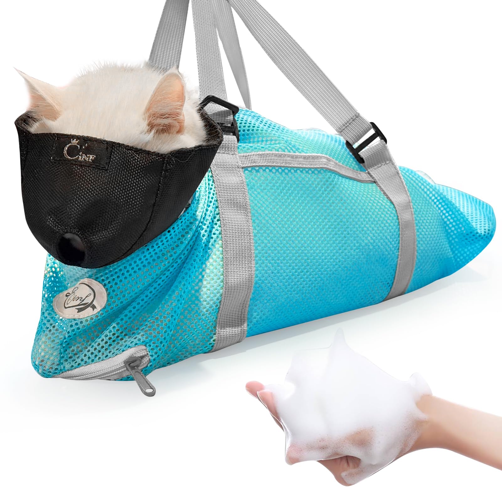 Cinf cat bathing bag entry-exit zippers for easy in and out.