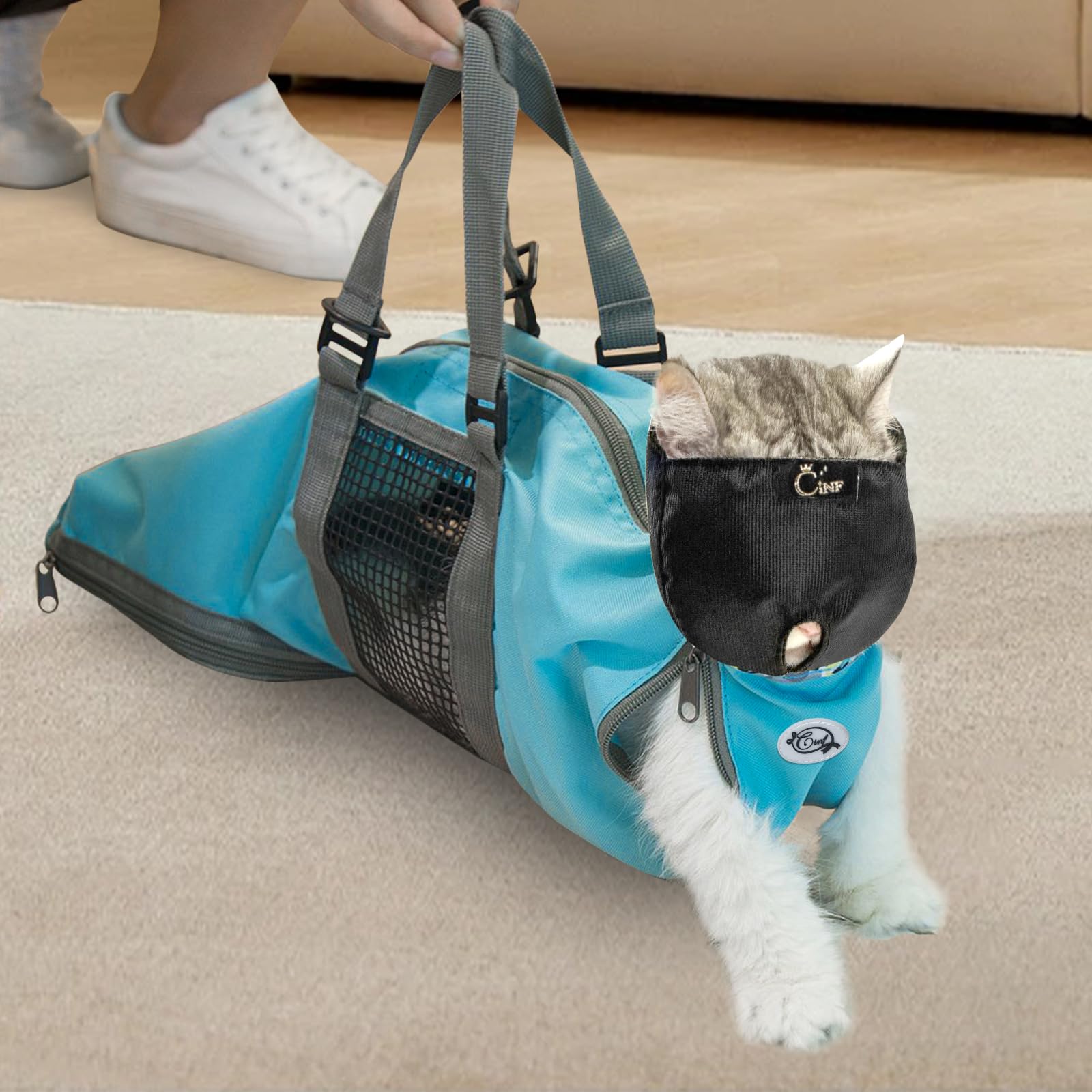 Cinf cat blue muzzle front view for safe grooming during bath time.