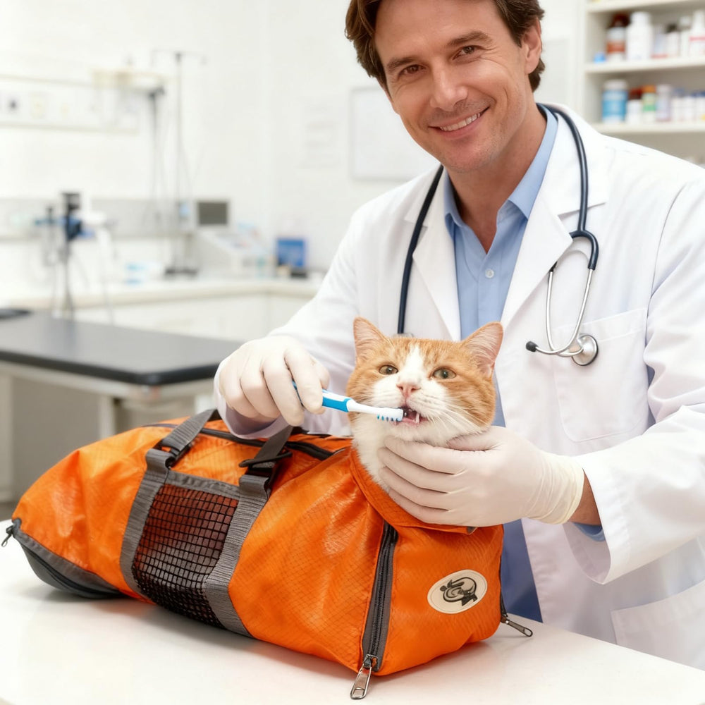 Cinf cat grooming bag back view with zip access enables rear paw handling