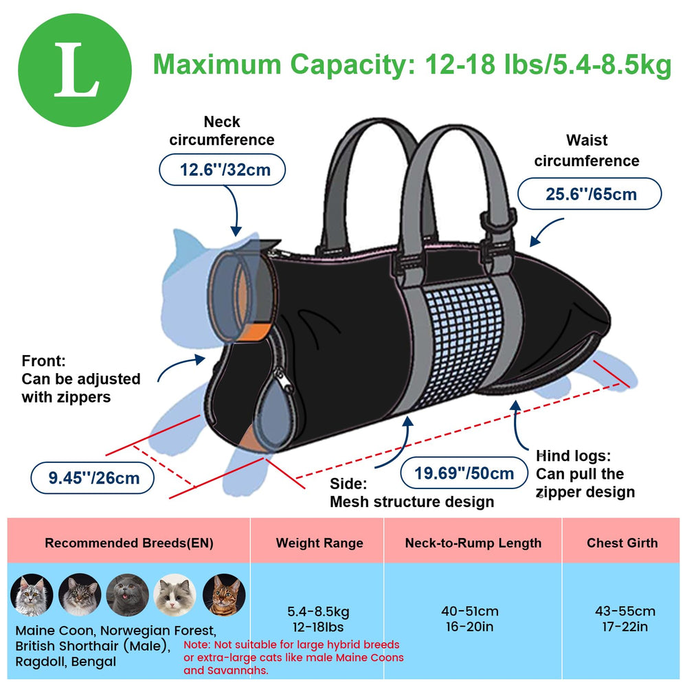 Cinf Cat Grooming Bag back zipper access for easy paw grooming.