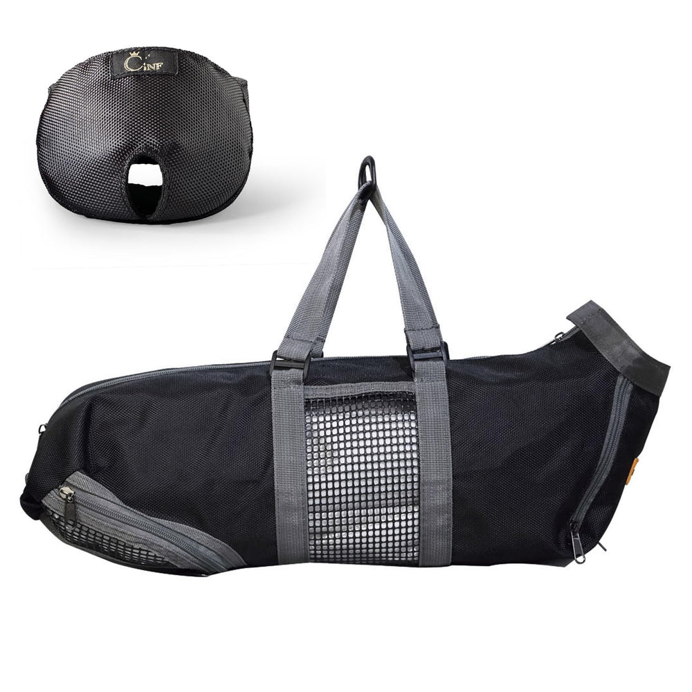 Cinf cat grooming bag with mesh panel allows water during baths.