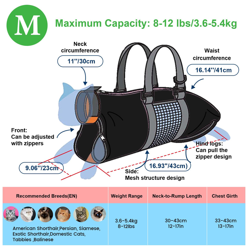 Cinf cat grooming bag zipper system provides secure fit.