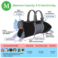 Cinf cat grooming bag zipper system provides secure fit.