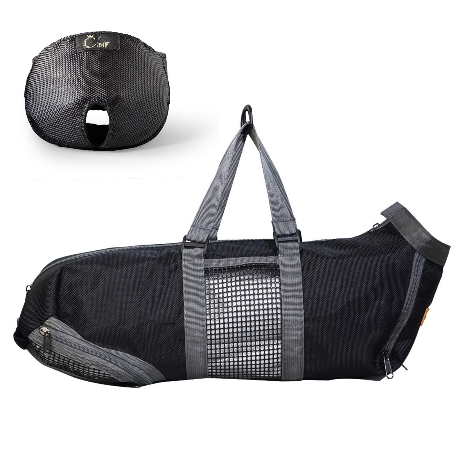Cinf grooming bag with three rear and two front zippers for easy access.