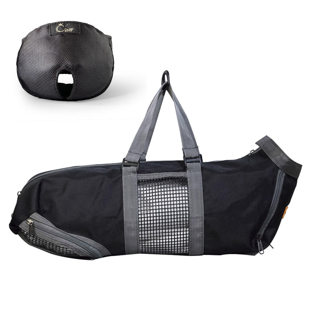 Cinf grooming bag with three rear and two front zippers for easy access.