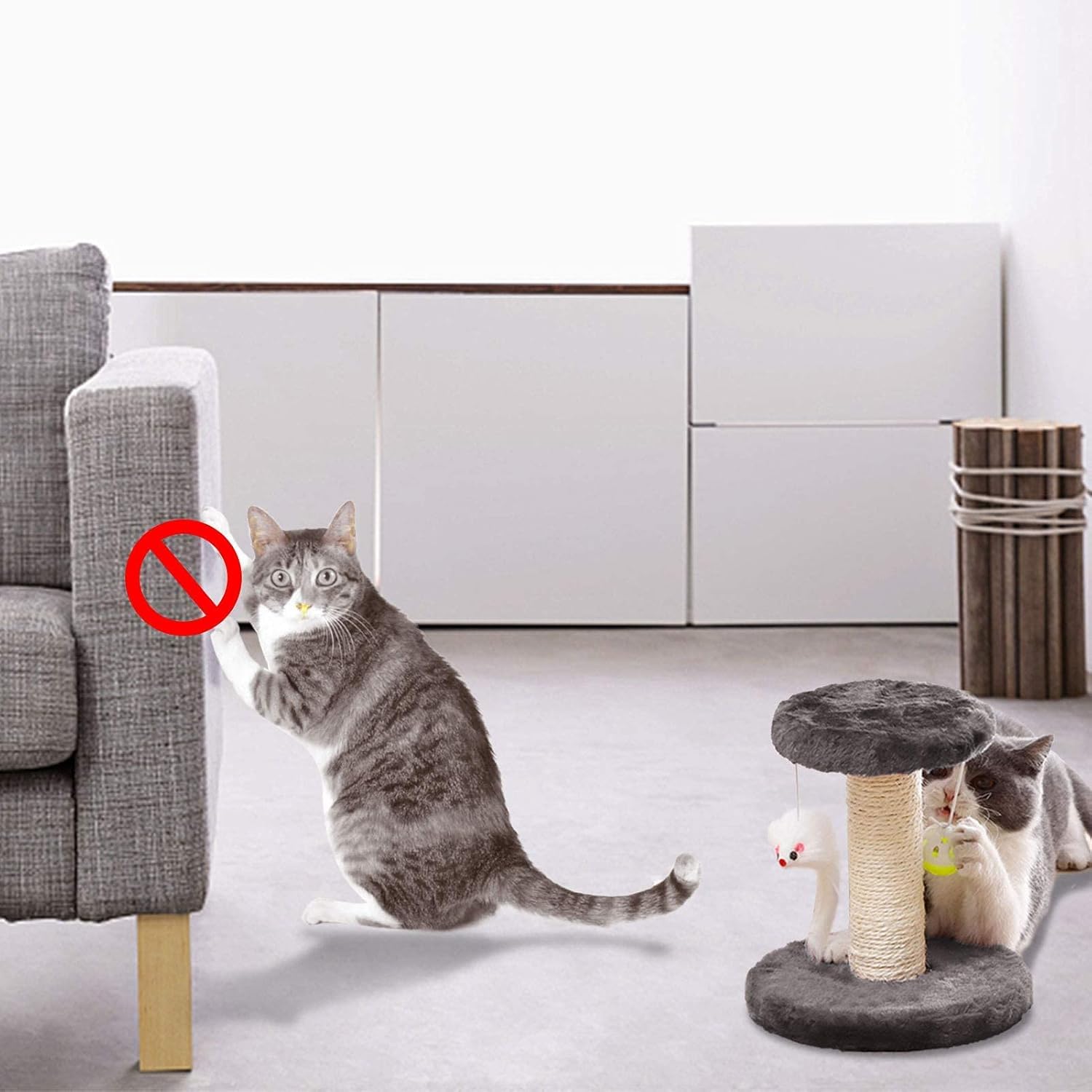 Cisila sisal post wrapped in natural fibers with wooden base grey