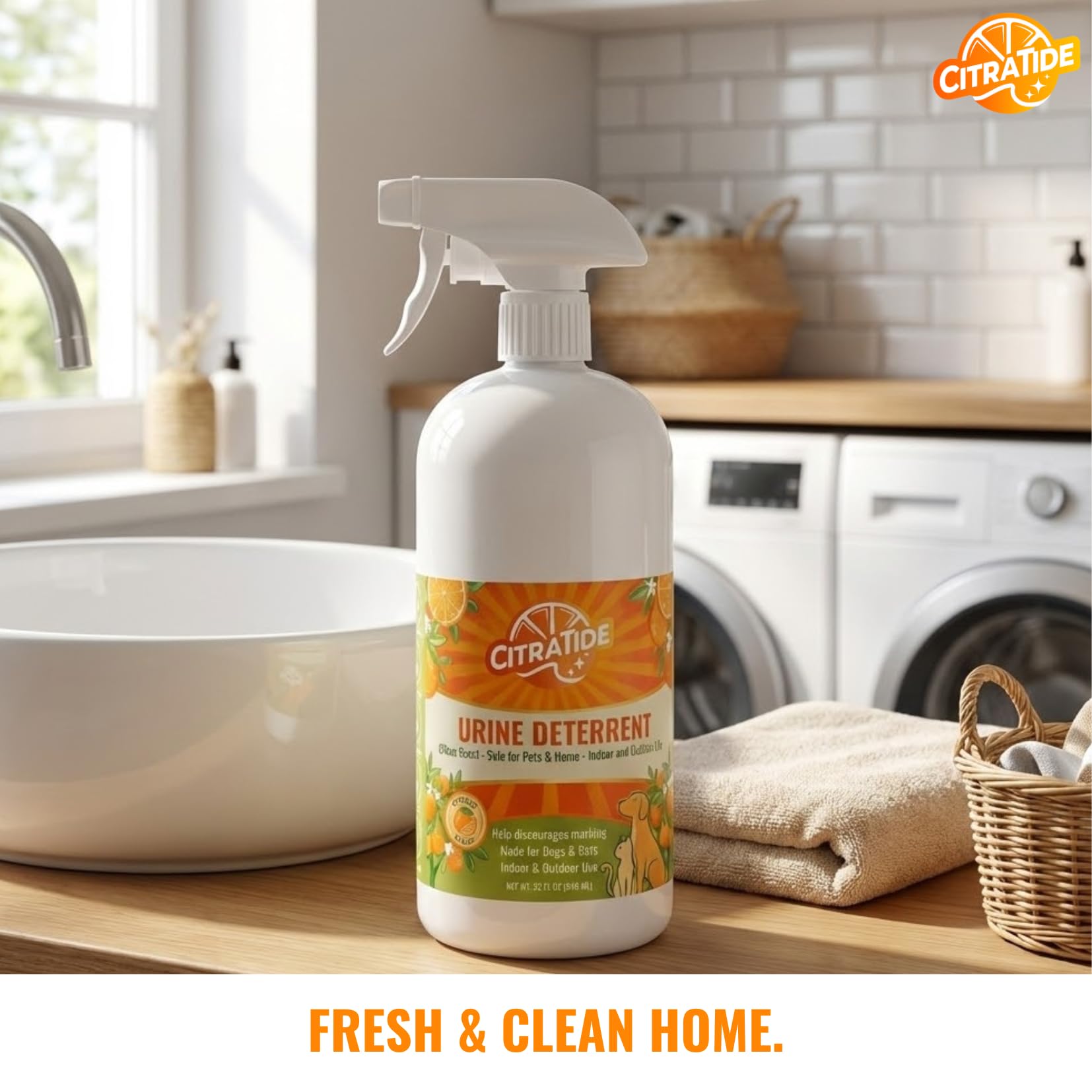 Citratide safe-for-pets label indicates gentle, non-toxic ingredients for households.