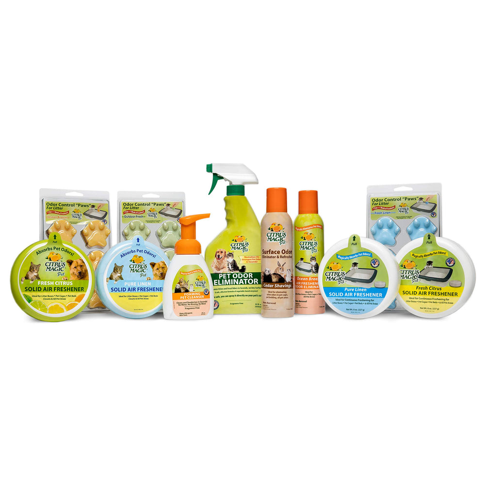 Citrus Magic Pet Odor Eliminator used on a pet coat illustrates direct deodorizing without irritation.