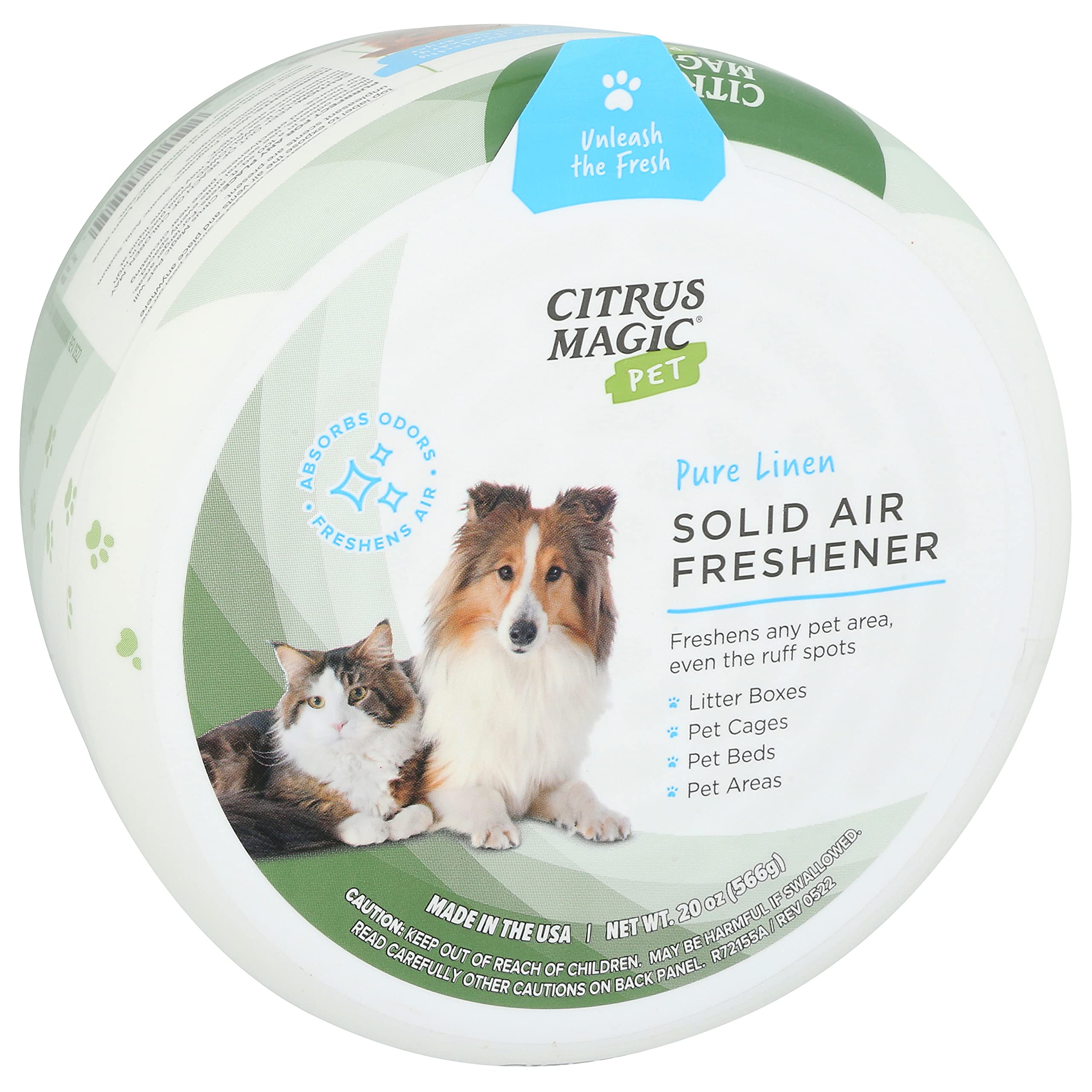 Close-up of Citrus Magic solid air freshener highlighting baking soda ingredients for odor absorption