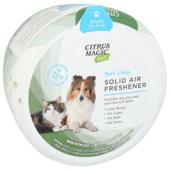 Close-up of Citrus Magic solid air freshener highlighting baking soda ingredients for odor absorption