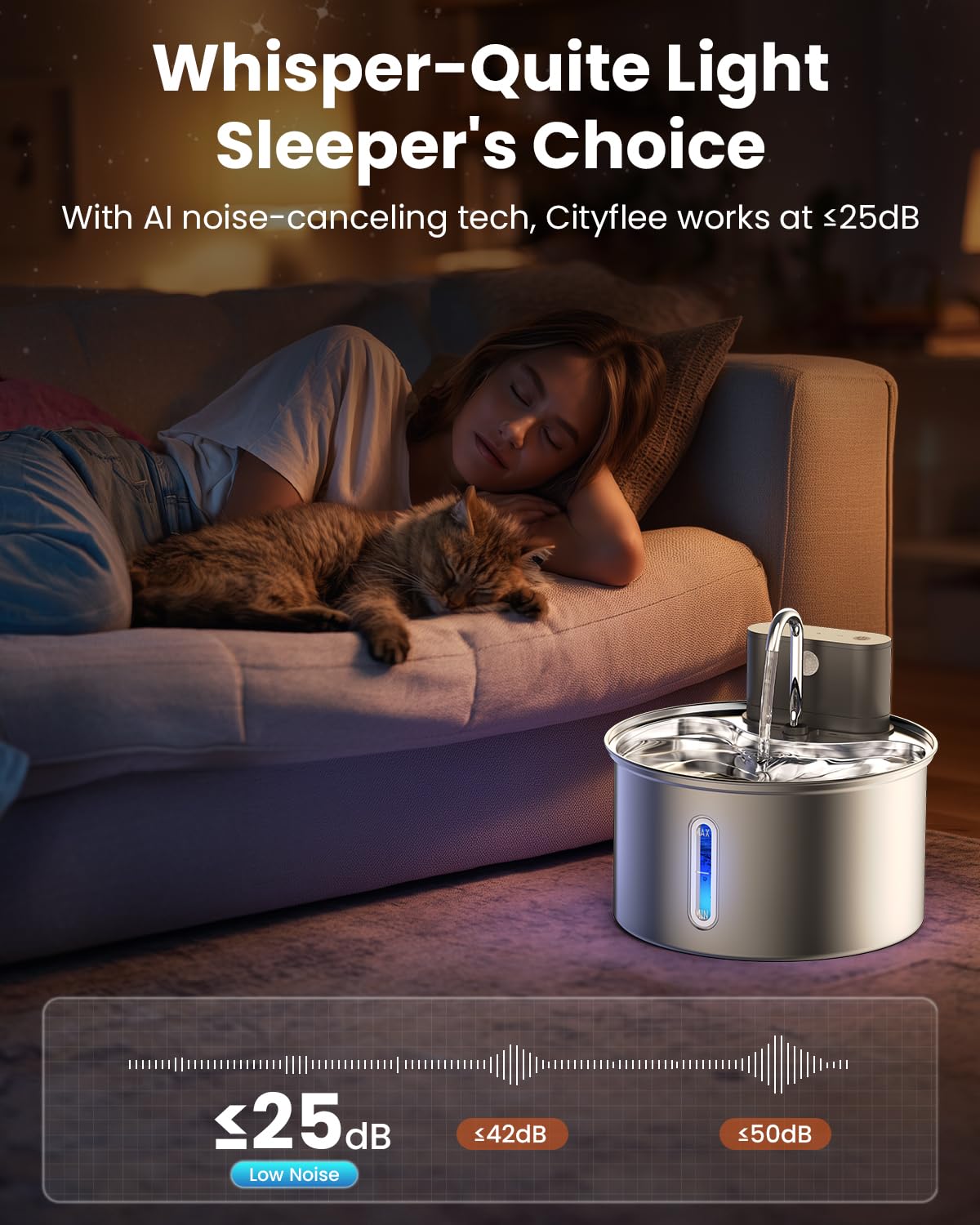 Cityflee stainless steel water fountain operates at whisper quiet level.