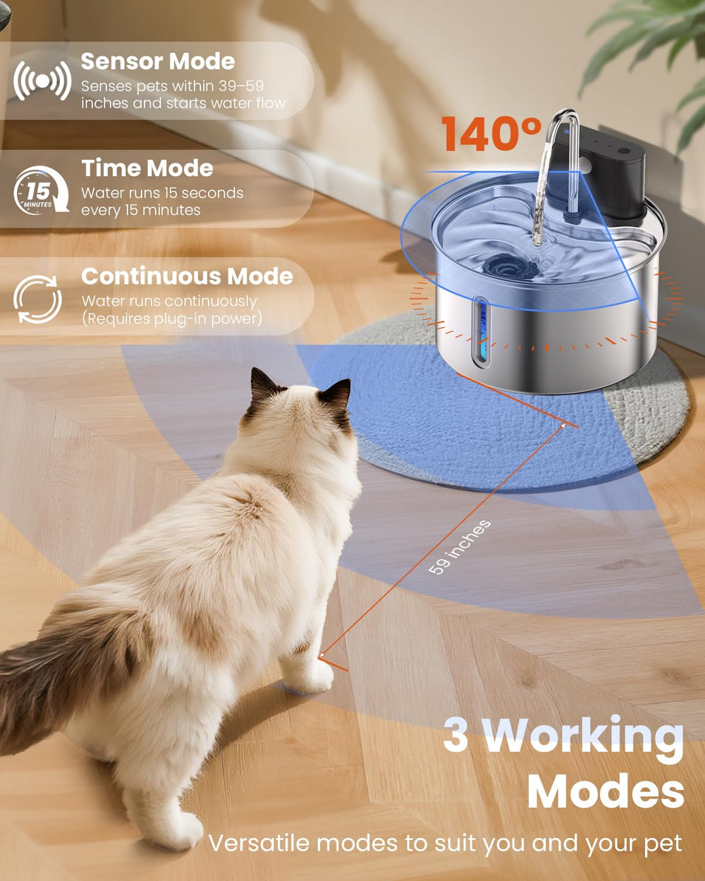 Cityflee water fountain sensor mode detects pets and starts flow.