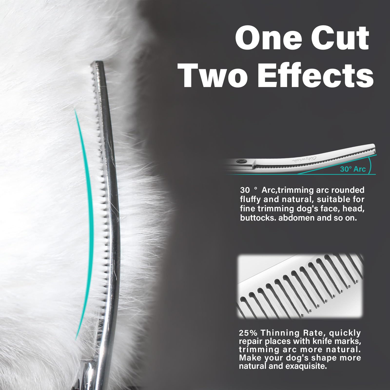 CityWish curved thinning scissors reduce bulk while preserving coat texture.
