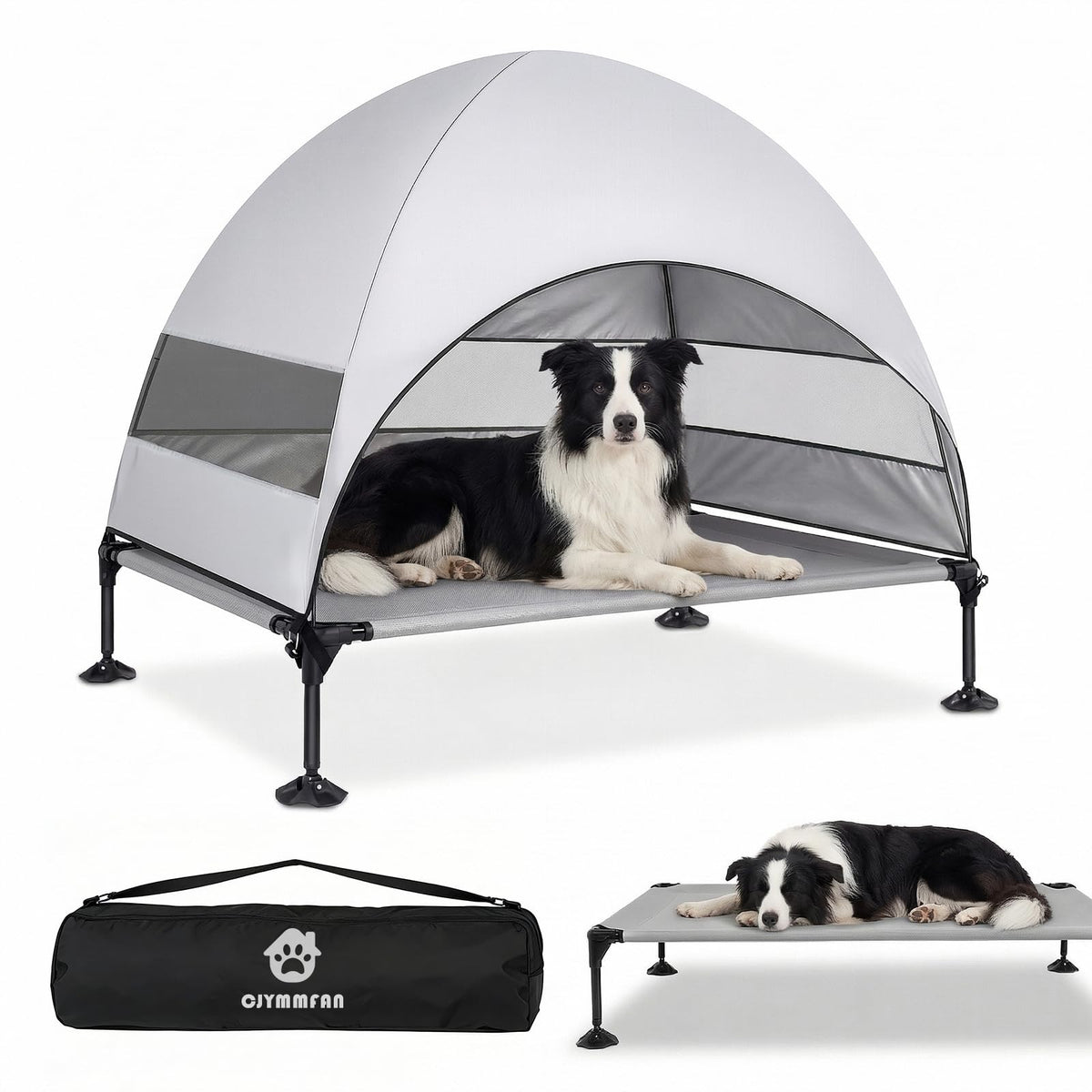 CJYMMFAN elevated dog bed with stable feet on rugged terrain.