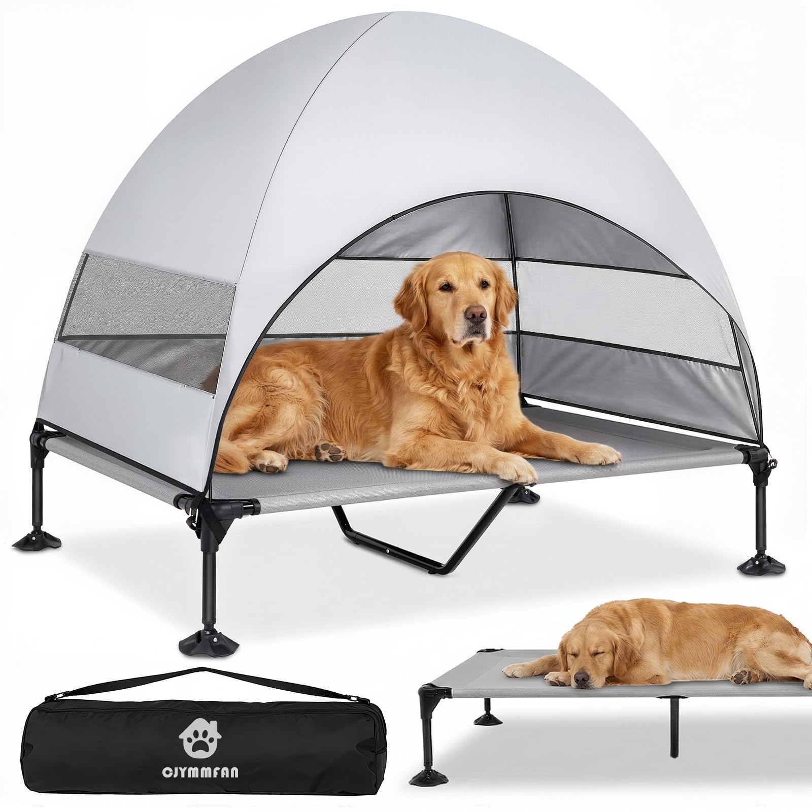 CJYMMFAN elevated dog bed with UV canopy provides shade on sunny beach days