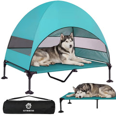 CJYMMFAN elevated dog bed with UV canopy for shaded outdoor lounging.