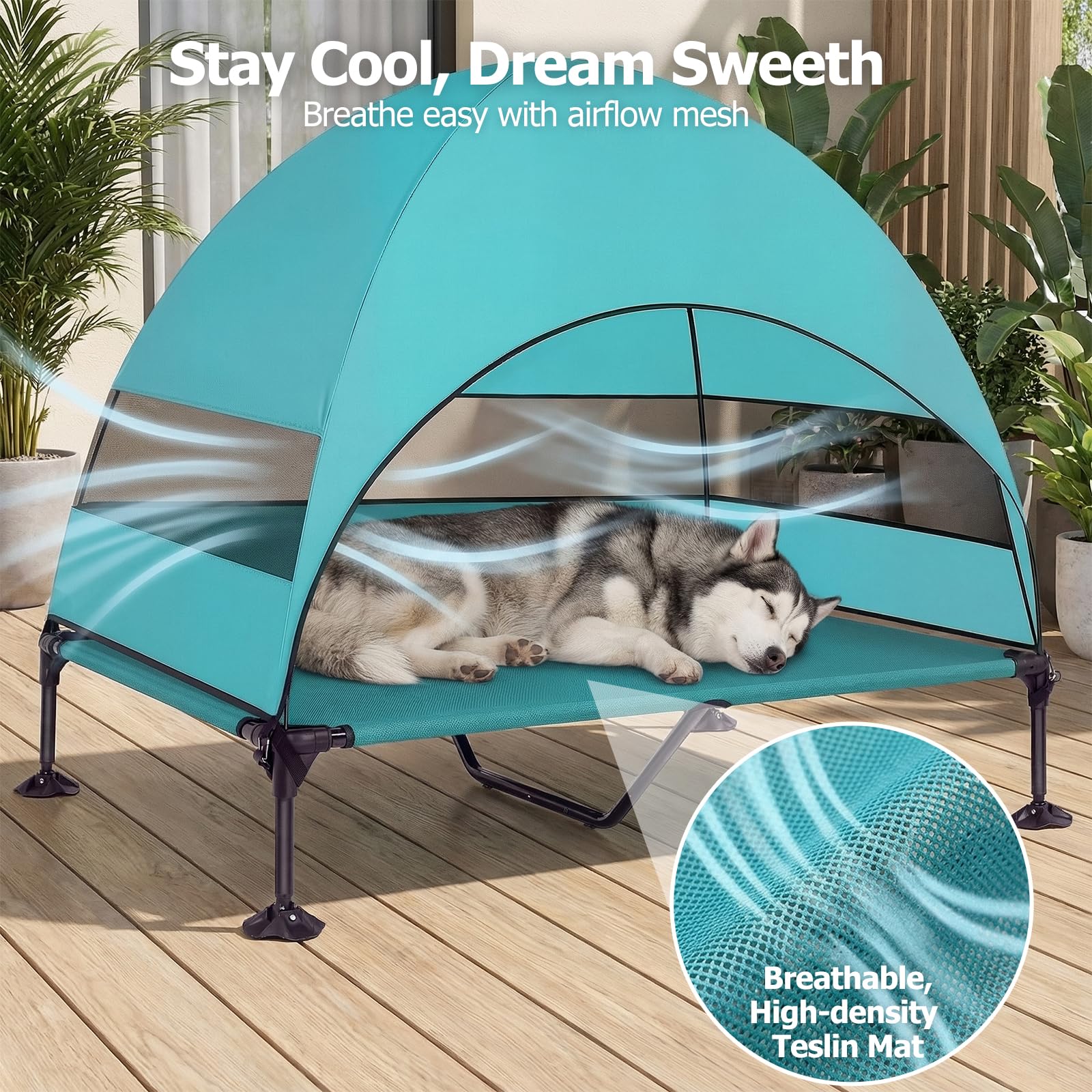 CJYMMFAN raised cooling bed promotes airflow on patios.
