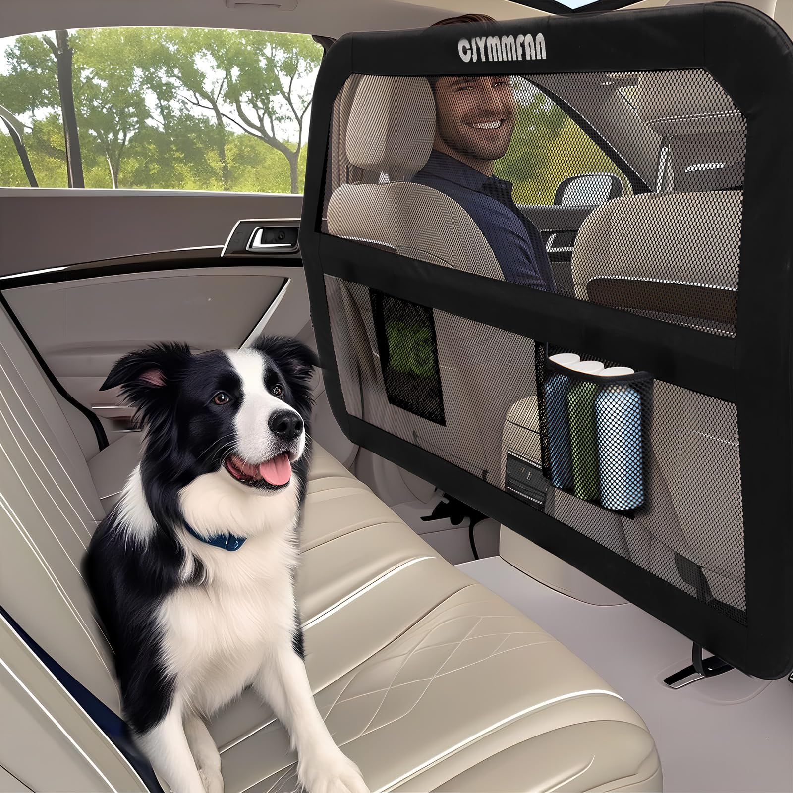 CJYMMFAN dog barrier net back seat provides clear visibility for pets.