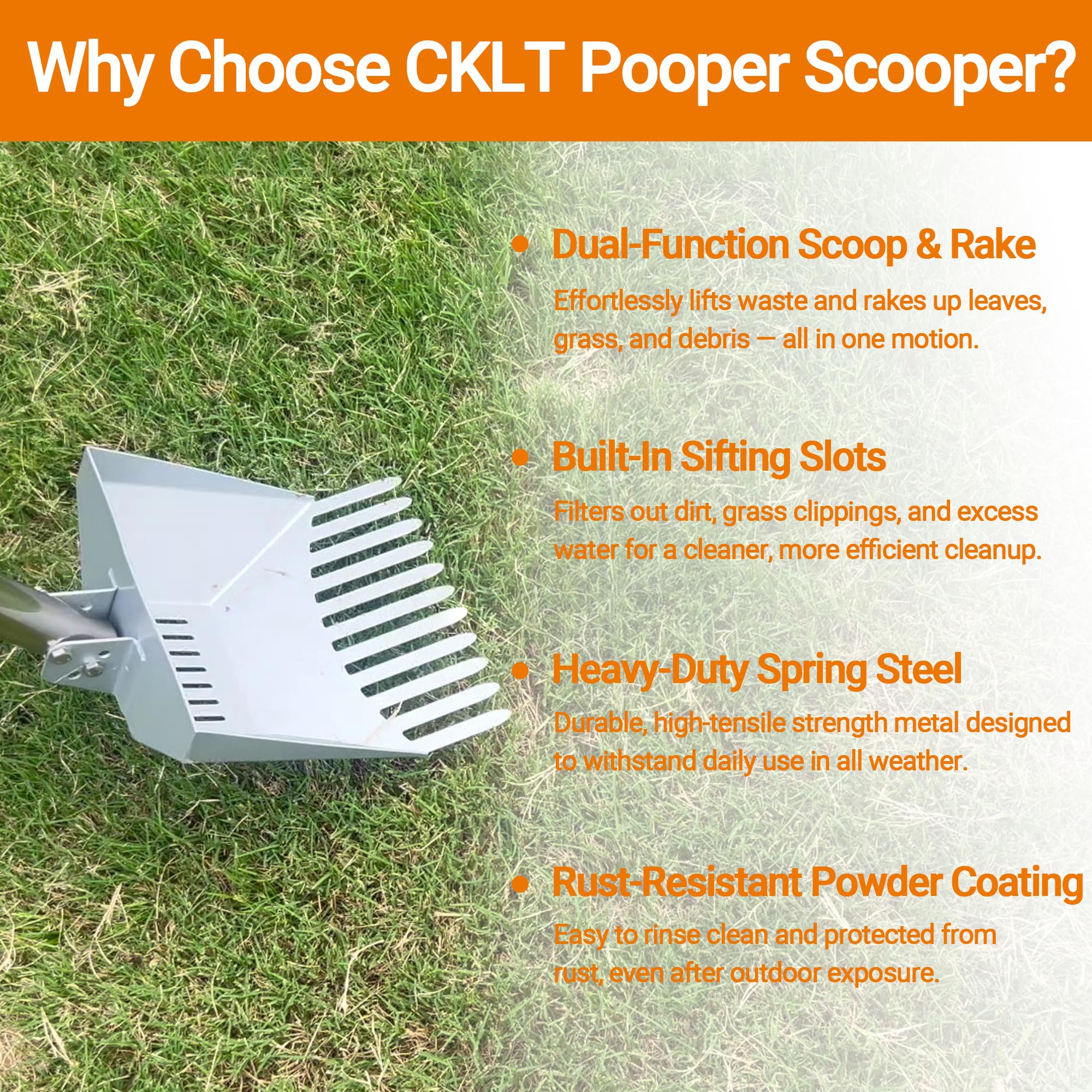 CKLT heavy duty pooper scooper 66in stainless steel tube enables tough scooping and easy rinsing