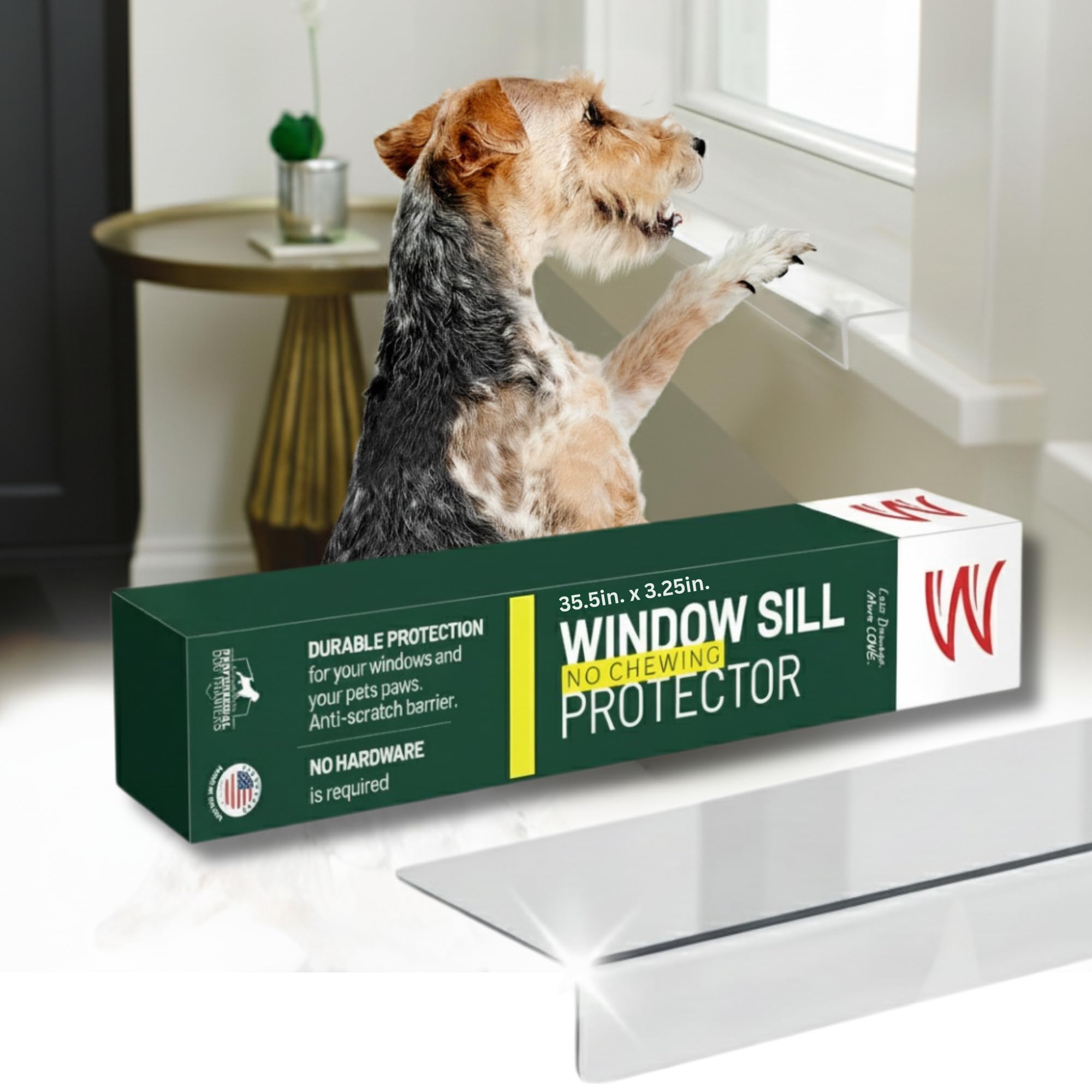 CLAWGUARD Plexiglass window sill protector, crystal-clear shield against scratches.