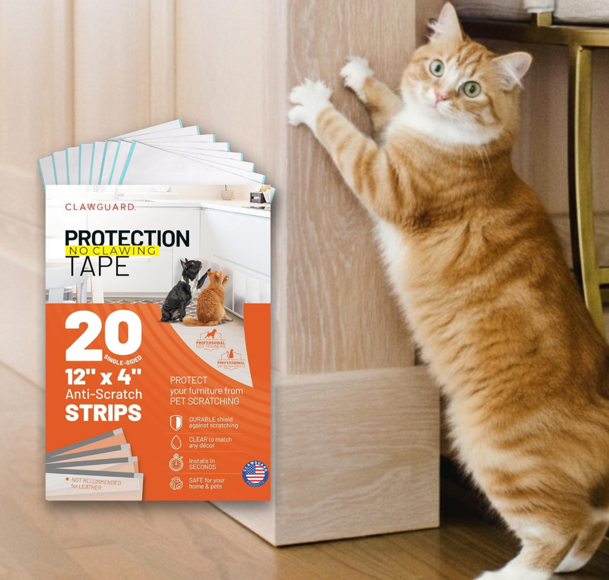 CLAWGUARD protection tape strip 12x4 pre-cut protects furniture from cat scratches.