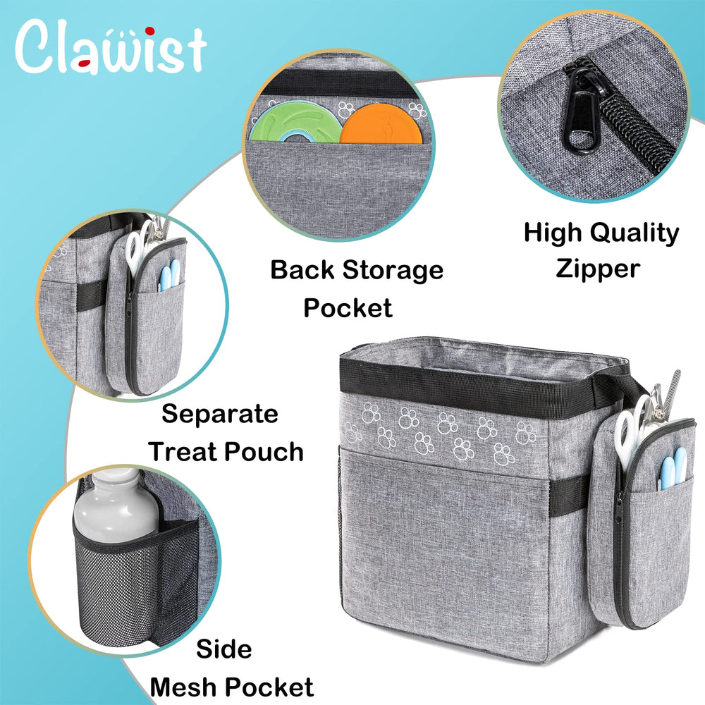CLAWIST dog travel bag back pocket with garbage bag dispenser for easy cleanups.
