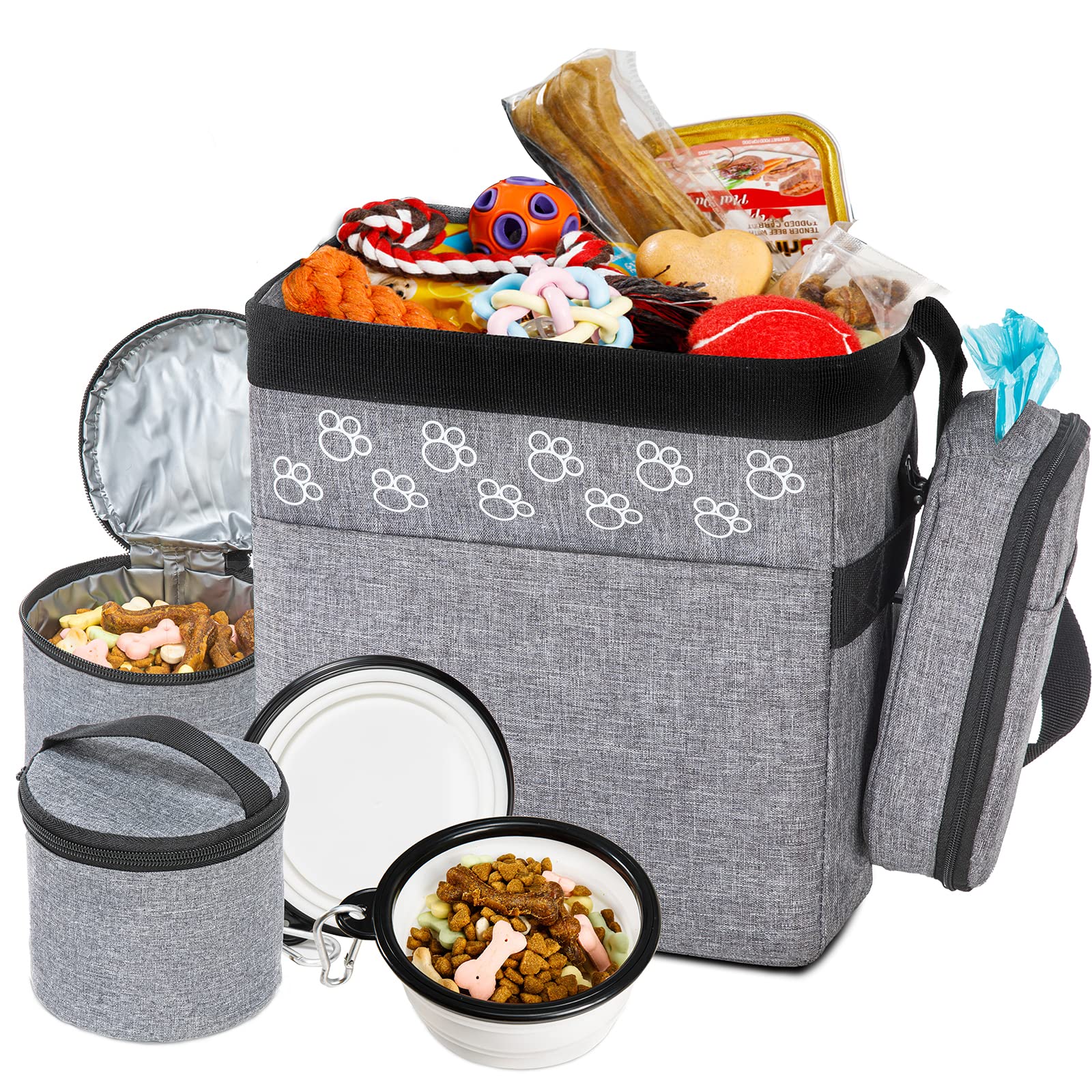 CLAWIST dog travel bag front view with pockets for treats and bowls, organizing essentials.