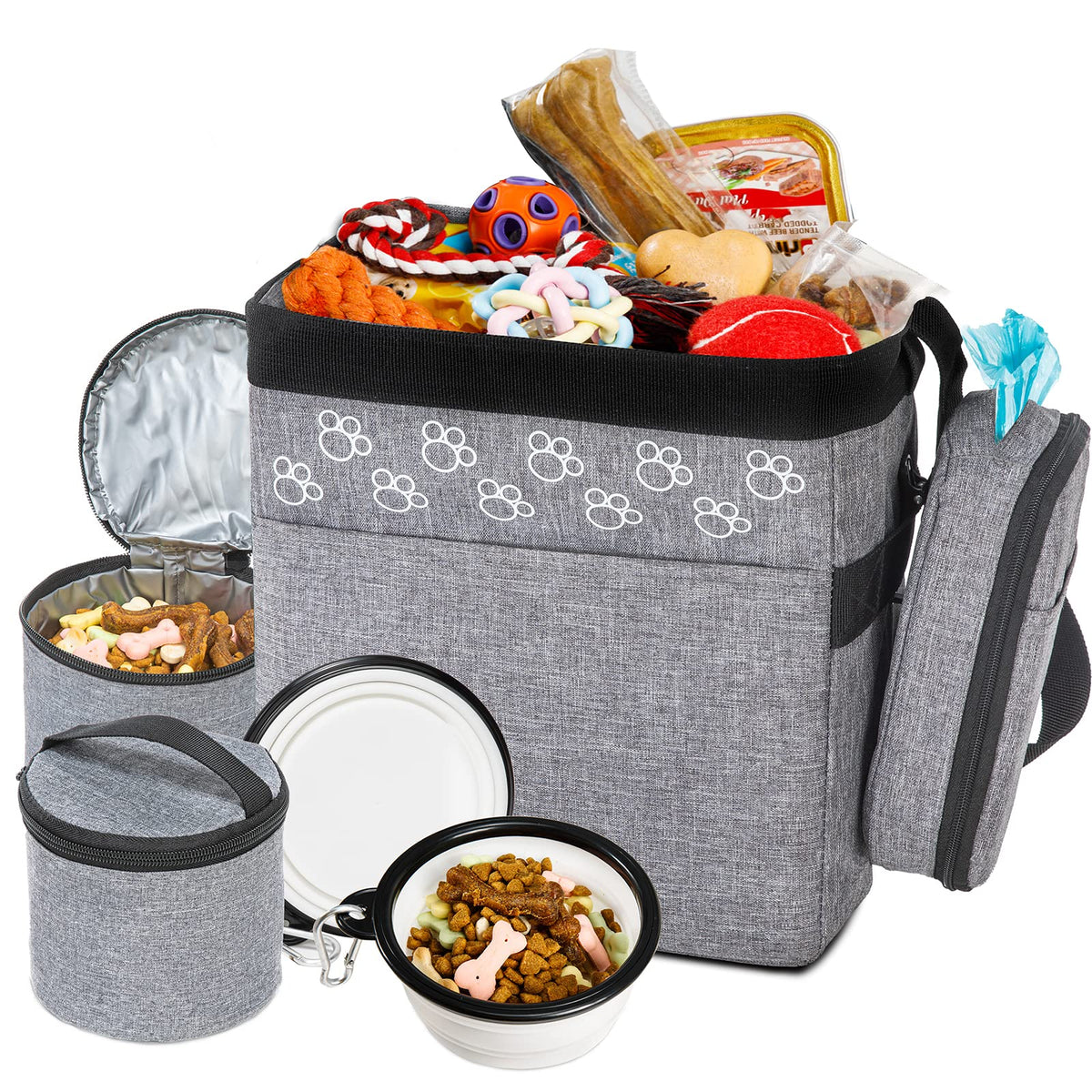 CLAWIST dog travel bag front view with pockets for treats and bowls, organizing essentials.