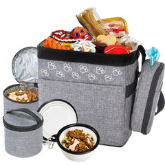 CLAWIST dog travel bag front view with pockets for treats and bowls, organizing essentials.