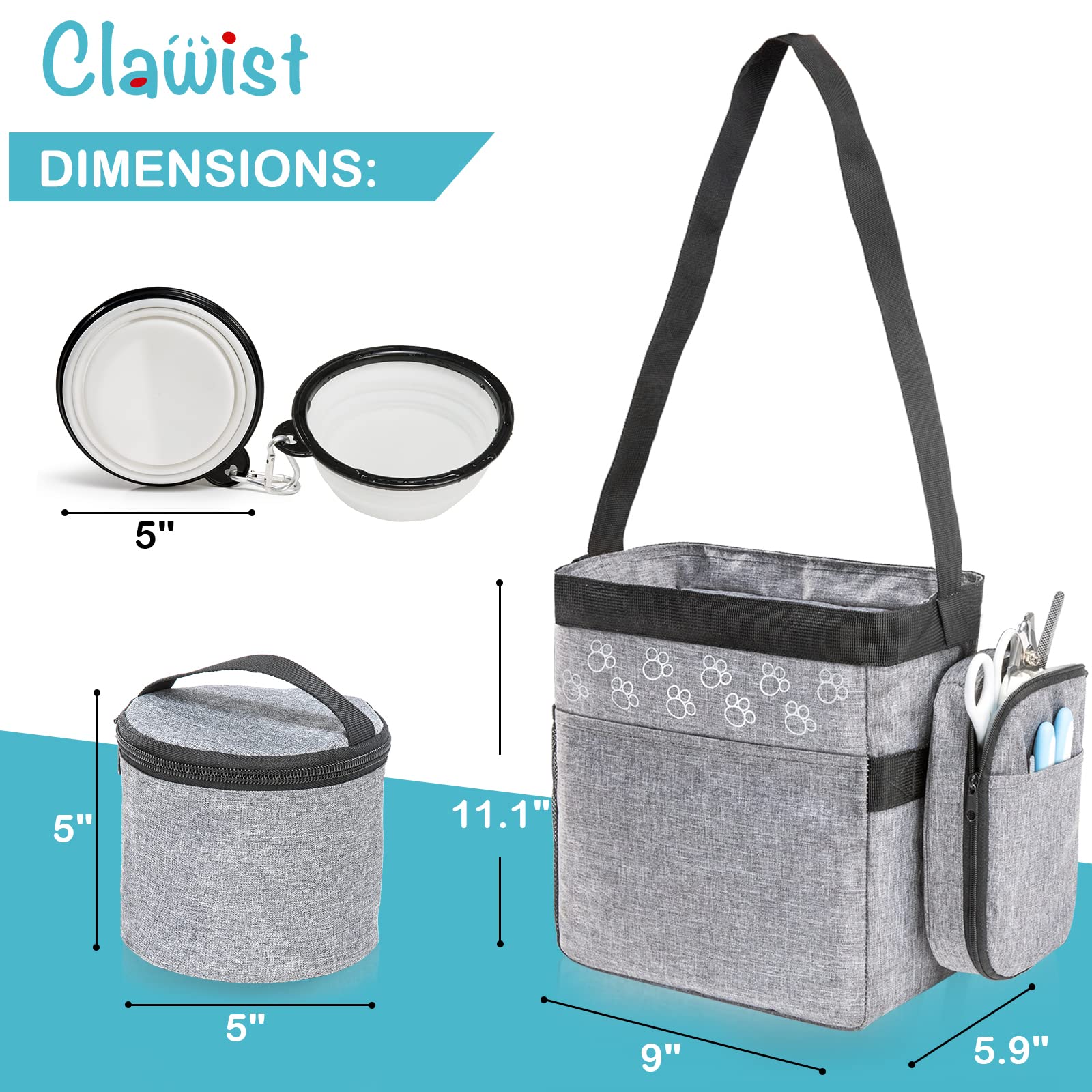 CLAWIST dog travel bag main compartments shown, designed to hold two food containers and toys.