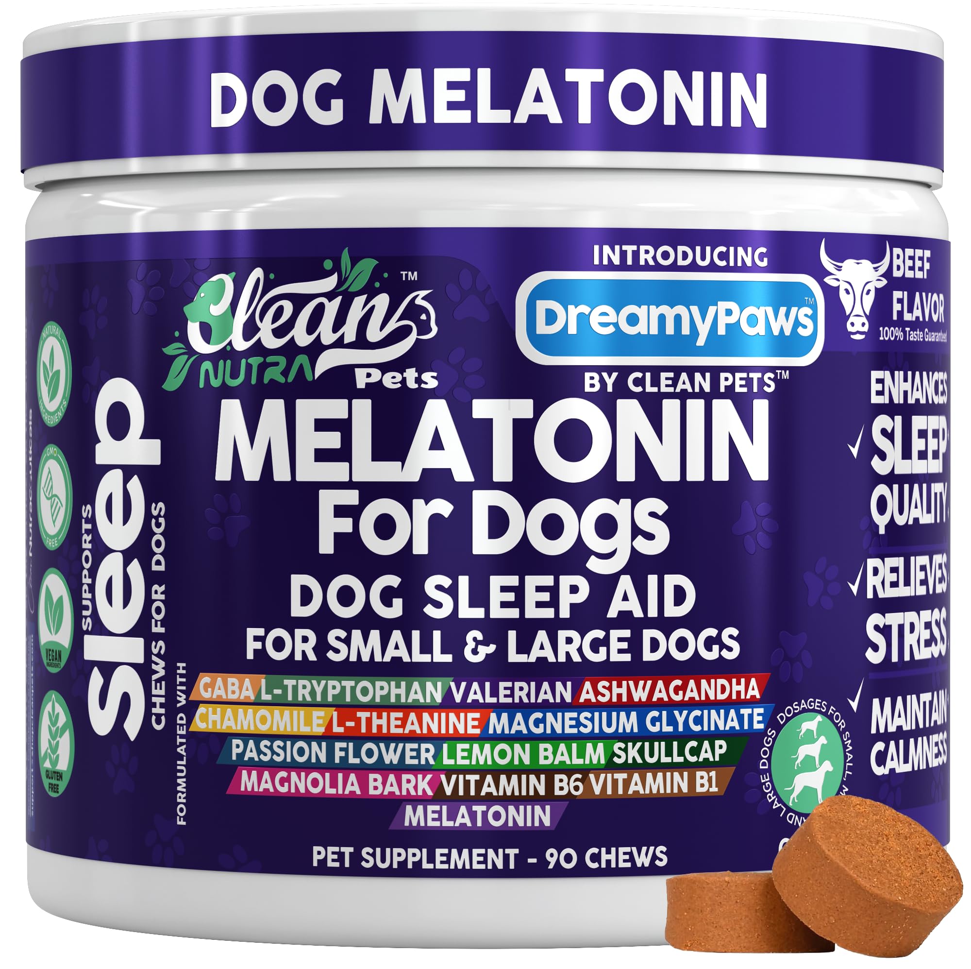 Clean Nutraceuticals Dreamy Paws beef-flavor dog chews on bottle label for calm nights.