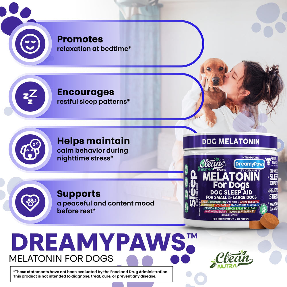 Clean Nutraceuticals Dreamy Paws ingredients board highlights valerian, passionflower and melatonin.