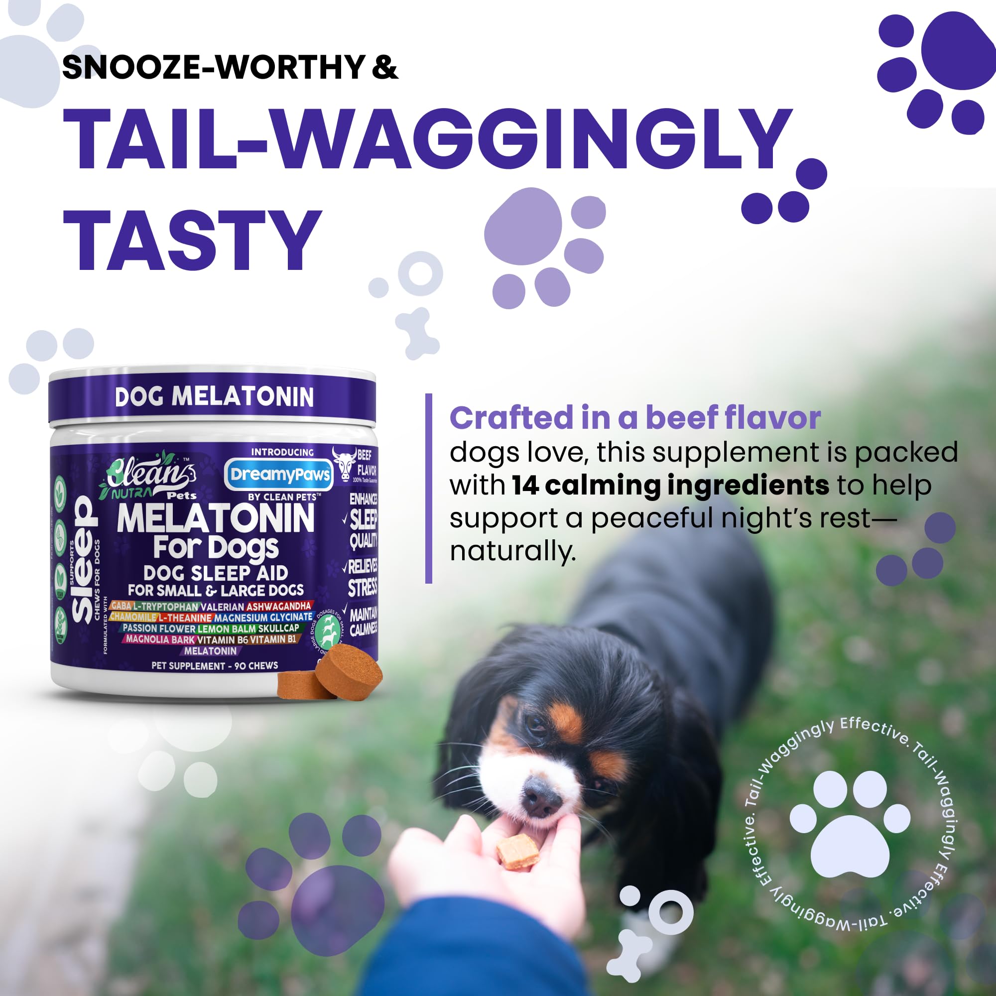 Clean Nutraceuticals Dreamy Paws label shows USA-made facility and third-party testing.