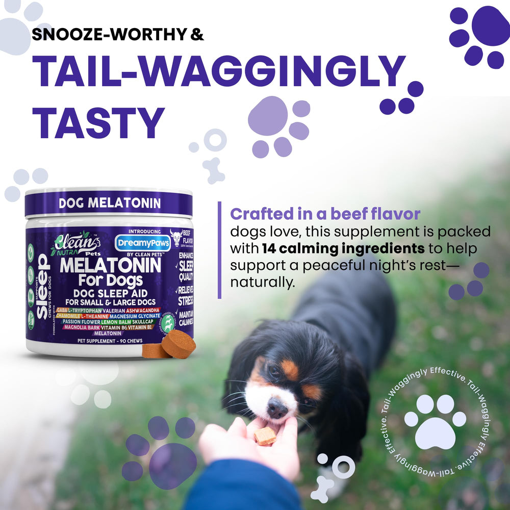 Clean Nutraceuticals Dreamy Paws label shows USA-made facility and third-party testing.