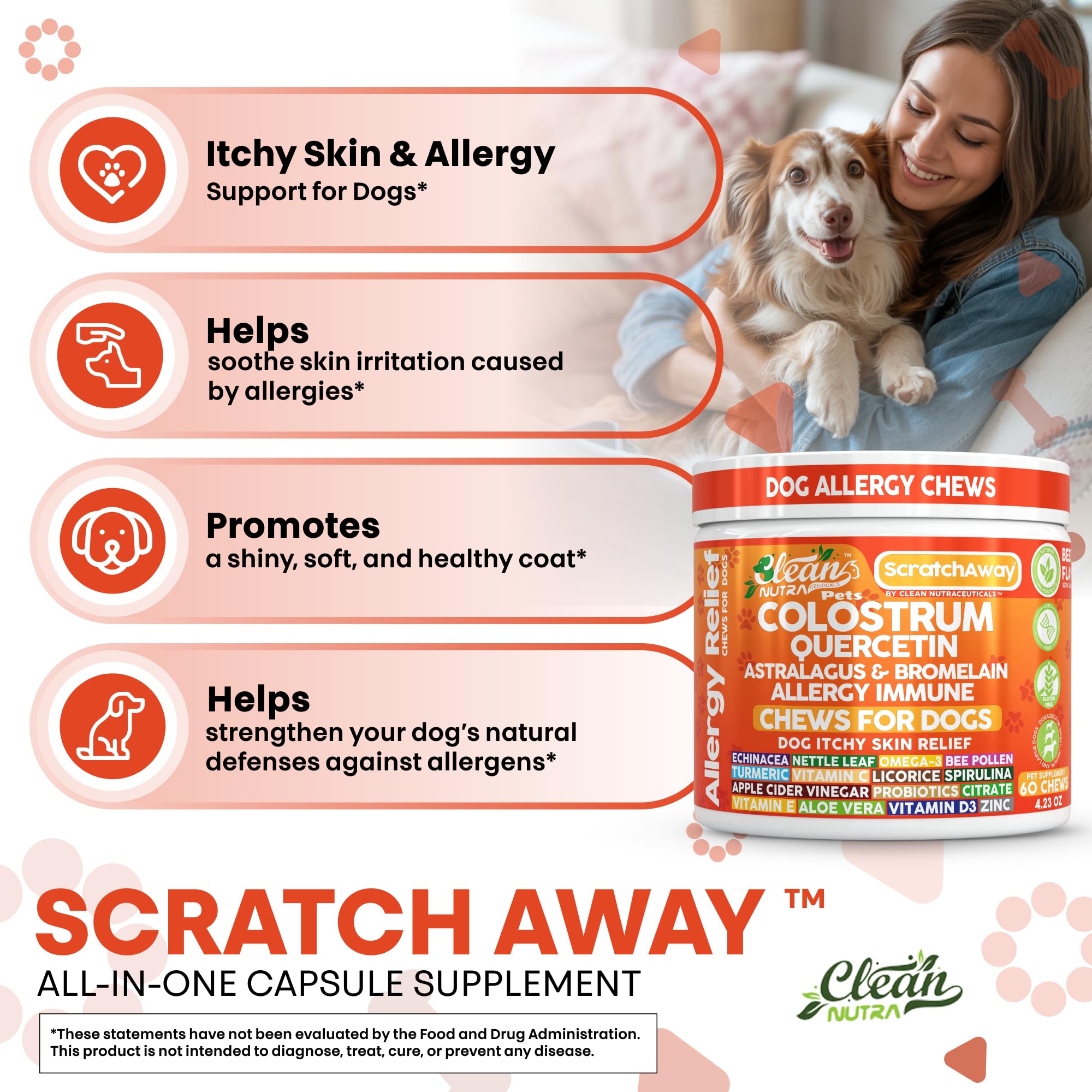Clean Nutraceuticals omega-3 salmon oil dogs image emphasizes skin hydration.