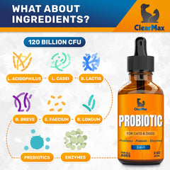 Clear Max label close-up highlighting probiotic ingredients and enzymes.